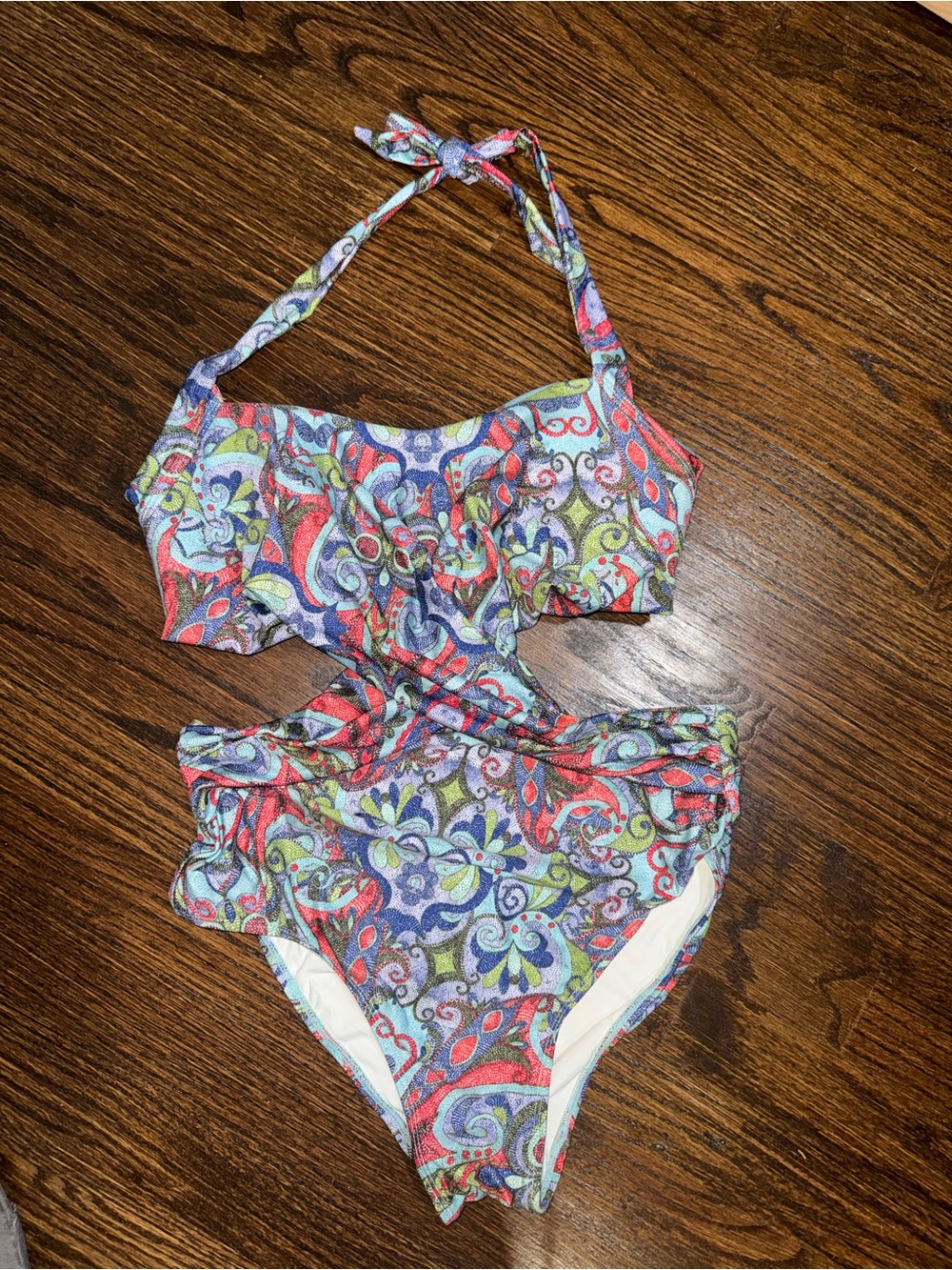 Anthropologie Multicolor Paisley Cutout Ruffle One-Piece Swimsuit